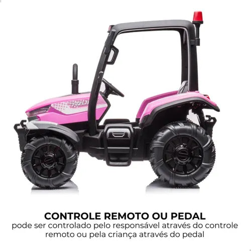 Trator Elétrico Infantil Rosa Com Bateria Capota Luz E Som