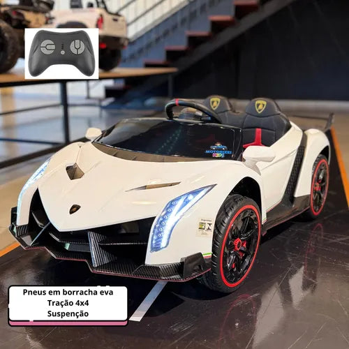 Lamborghini 12v Premium - Pneus De Borracha - Banco Em Couro Branco